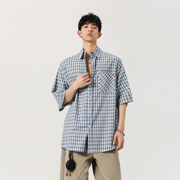 Mens Stylish Plaid Cool Short Sleeve Top alternatif görünüm
