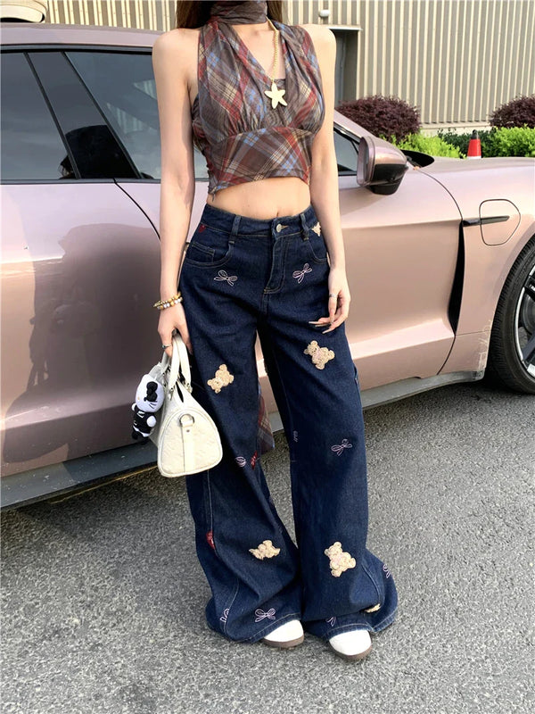Classic Premium Bear Print Bell Leg Denim alternatif görünüm