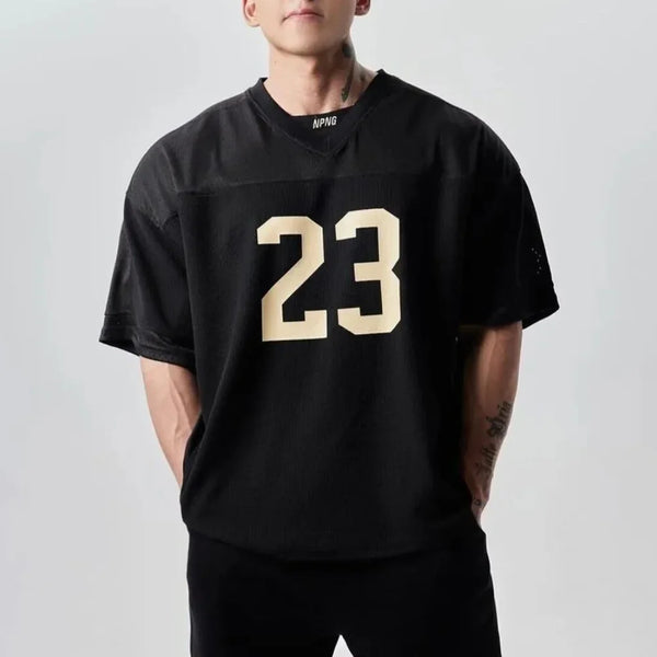 Sporty Stars-and-Stripes Style Print Jersey Mesh T-Shirt