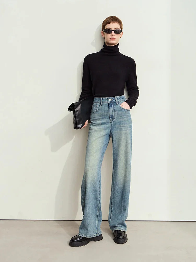 Amii Minimalism Leather Contrast Denim