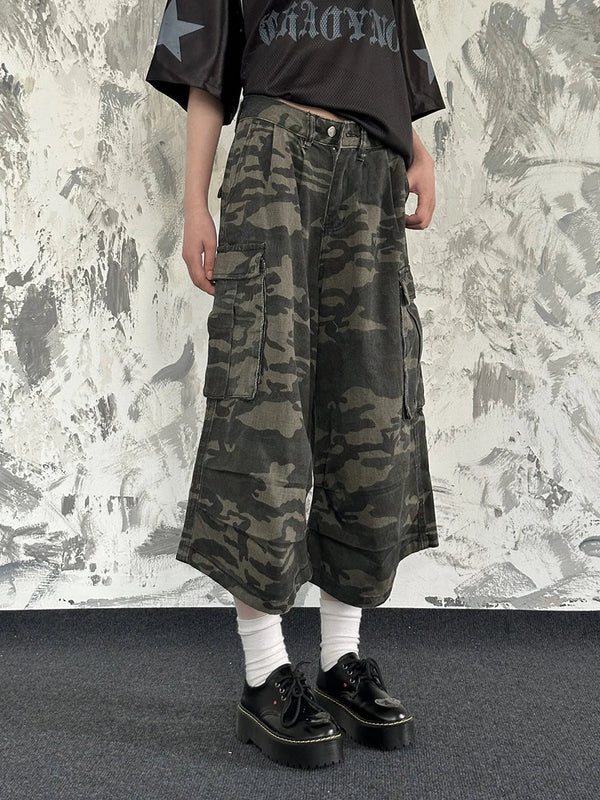 Airy 90s Style Woodland Utility Denim Shorts alternatif görünüm