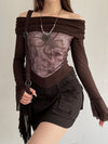 Retro-Faded Floral Spliced Slash Neck T-Shirt