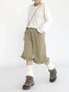 Sleek Khaki Ruffled High-Rise Denim Shorts