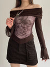 Retro-Faded Floral Spliced Slash Neck T-Shirt