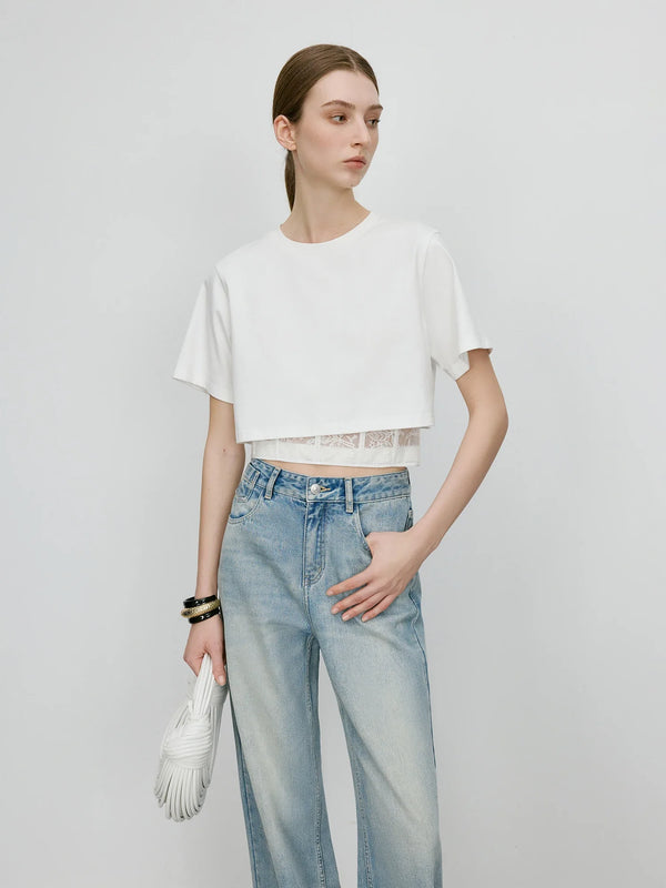 Waist Cropped Spliced Lace Chic T-Shirt alternatif görünüm
