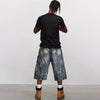 Lightning Pattern Rinse Cropped Denim Shorts