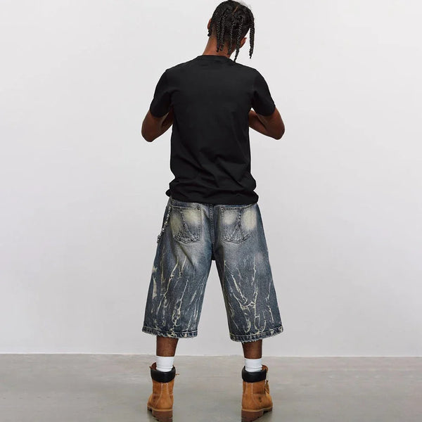 Lightning Pattern Rinse Cropped Denim Shorts alternatif görünüm
