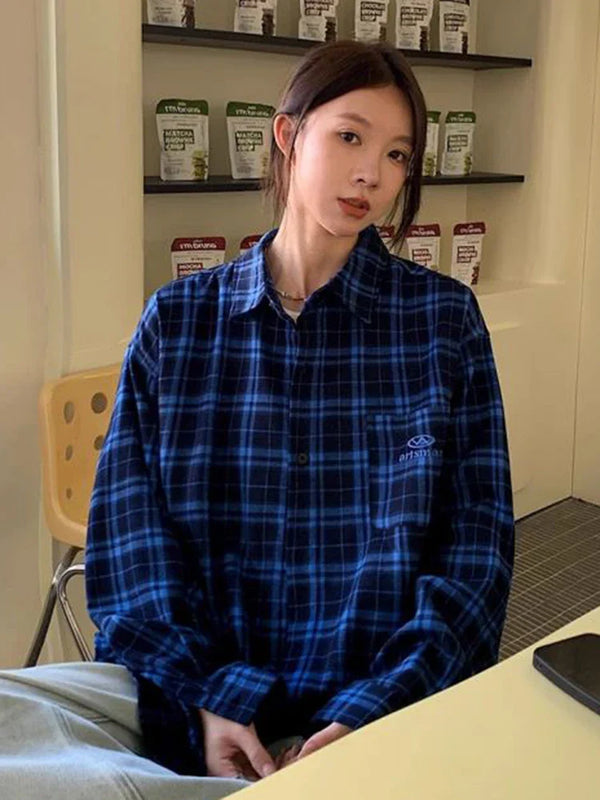 Hip Hop Plaid Retro Oversize Long Blouse alternatif görünüm