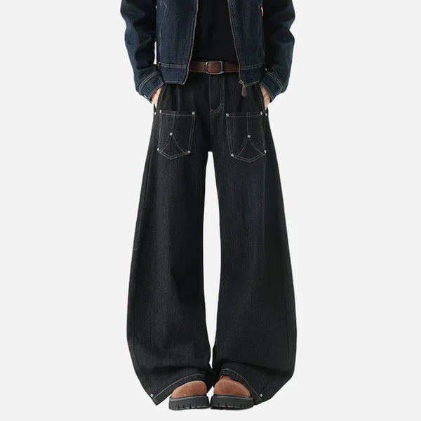 Versatile Plain Tone Beading Bell Leg Denim