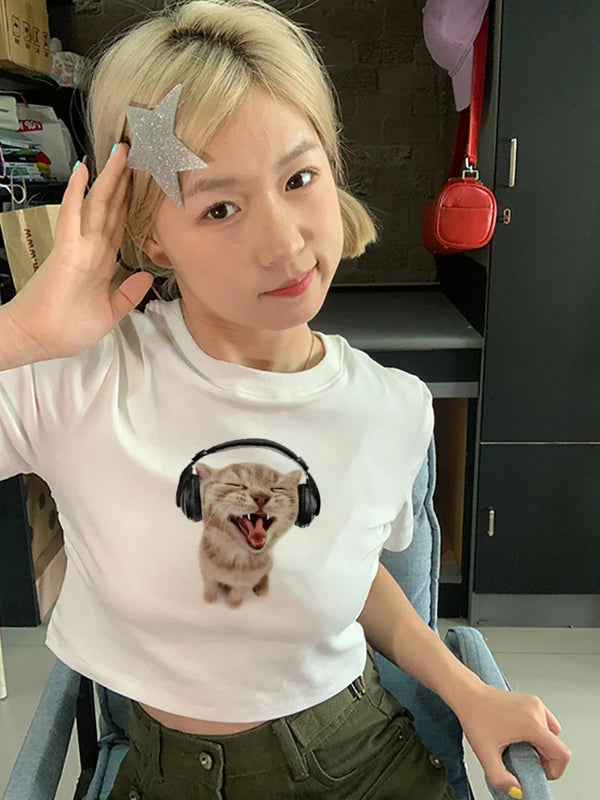 New-Millennium Women Kitten Artwork Crop Top alternatif görünüm