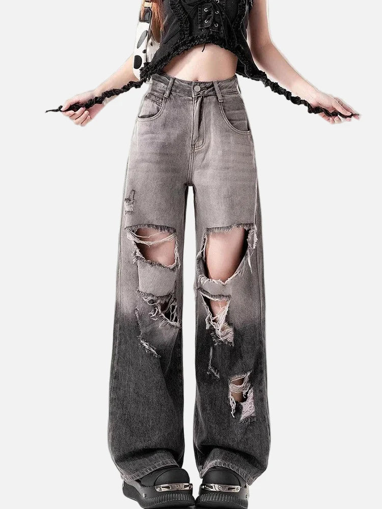 Fashionable Torn High-Rise Ombre Denim