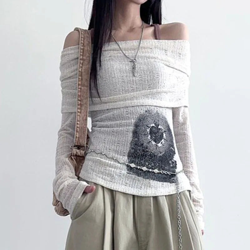 Off-Shoulder Visual Print Top