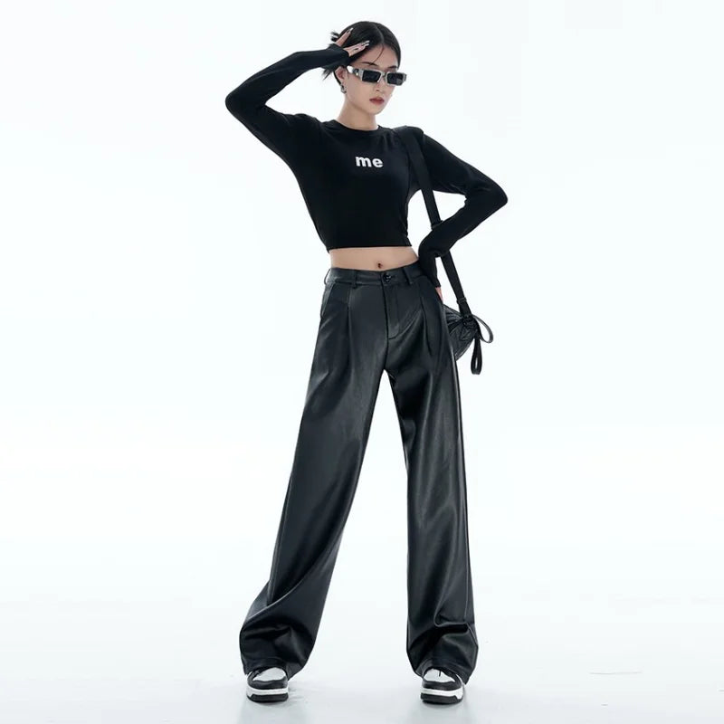 High-Rise Black Leather Trousers