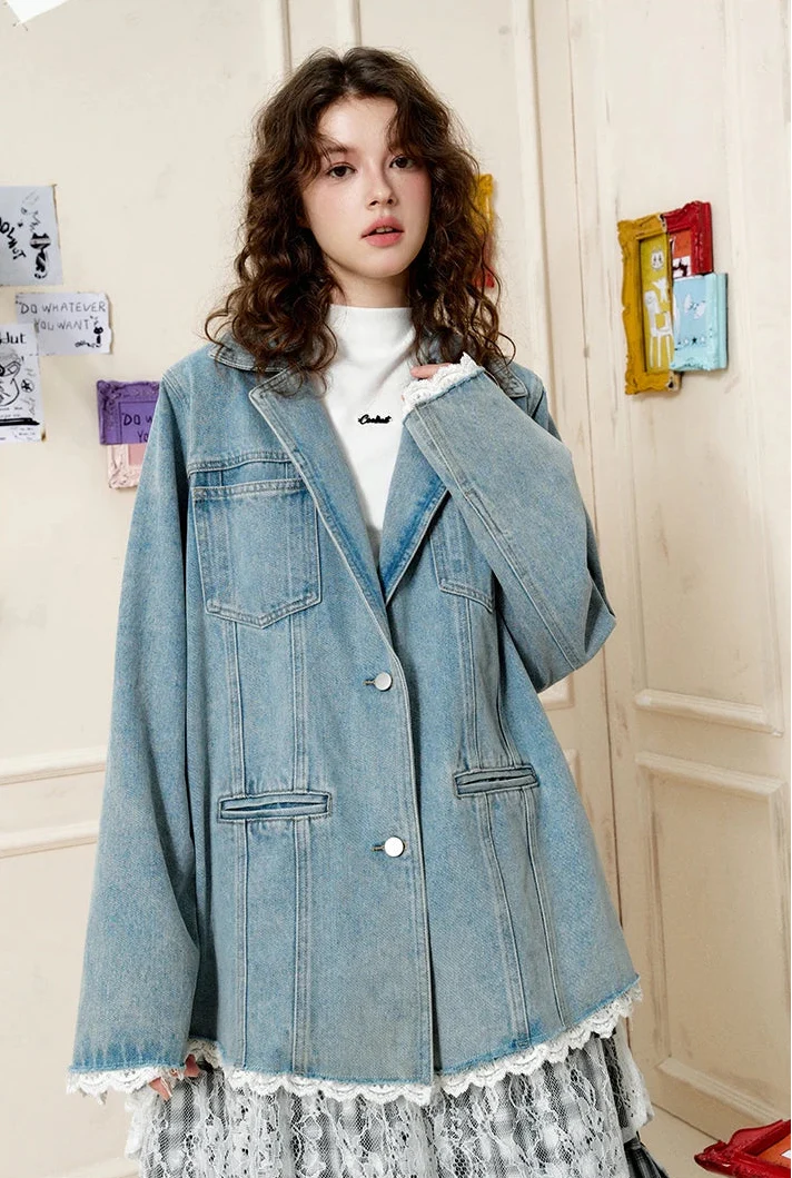 Lace Trim Oversized Denim Classic Field Jacket