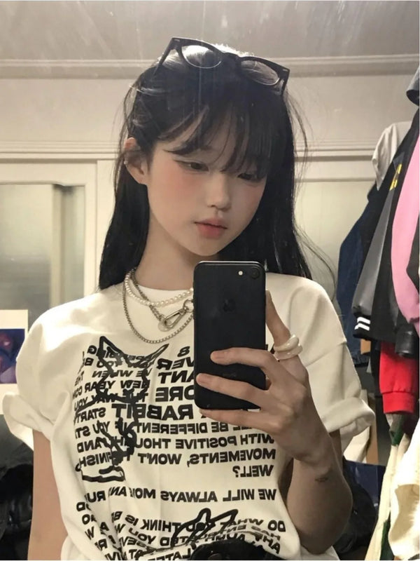 Classic-Wash Cute Rabbit Print Laid-Back T-Shirt alternatif görünüm