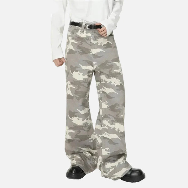 2000s Woodland Print Draped Floor Bell Leg Denim