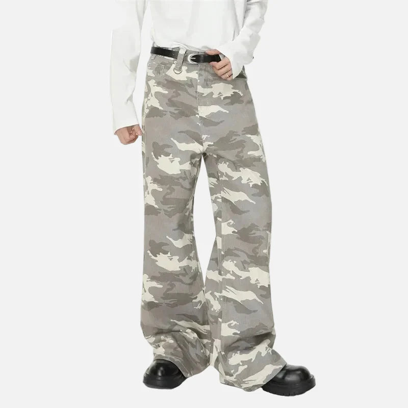 2000s Woodland Print Draped Floor Bell Leg Denim