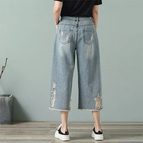 High-Rise Torn Wide Leg Denim Shorts alternatif görünüm