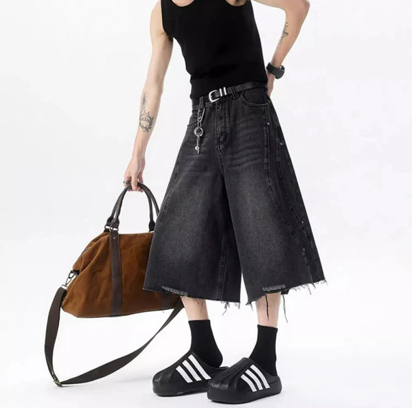 Autumn Plain Tone Wide Leg Cropped Denim Shorts alternatif görünüm