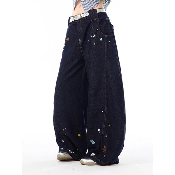 Comfortable Urban Beat Kpop Cartoon Print Bell Leg Denim alternatif görünüm