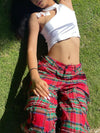 Red Block Plaid Ripped Trousers
