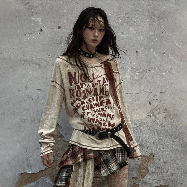Classic-Wash Dirty-Art Aesthetics Letter Print T-Shirt