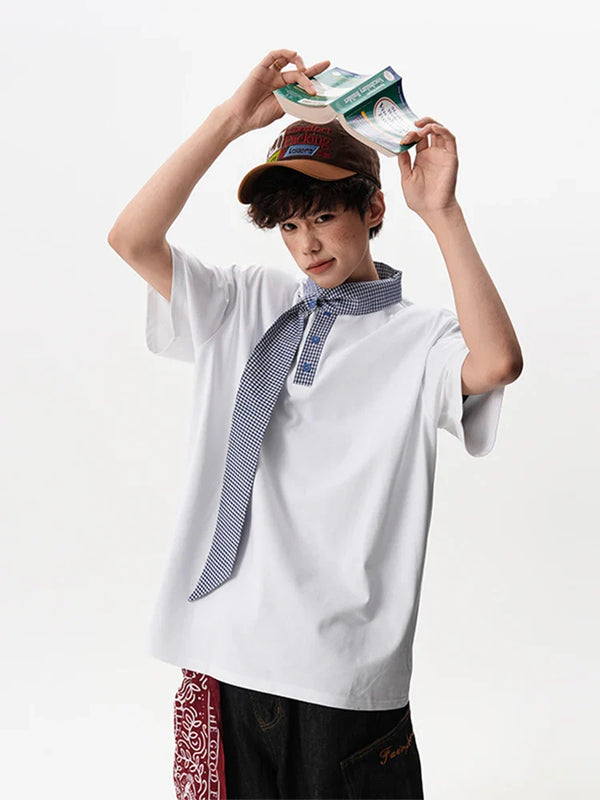 Gingham Tie Collar Big-Silhouette Short Sleeve T-Shirt alternatif görünüm