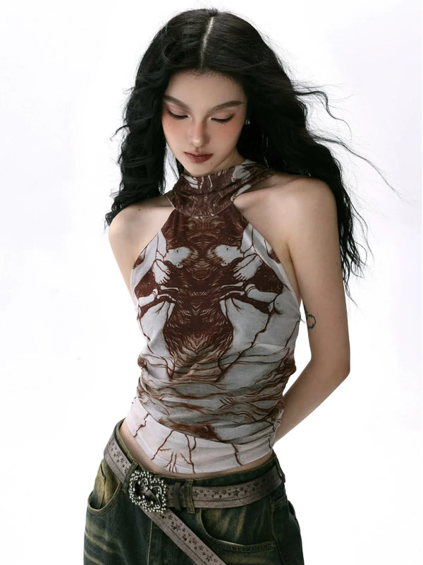 Sexy Designed Print Sleeveless Midriff T-Shirt alternatif görünüm