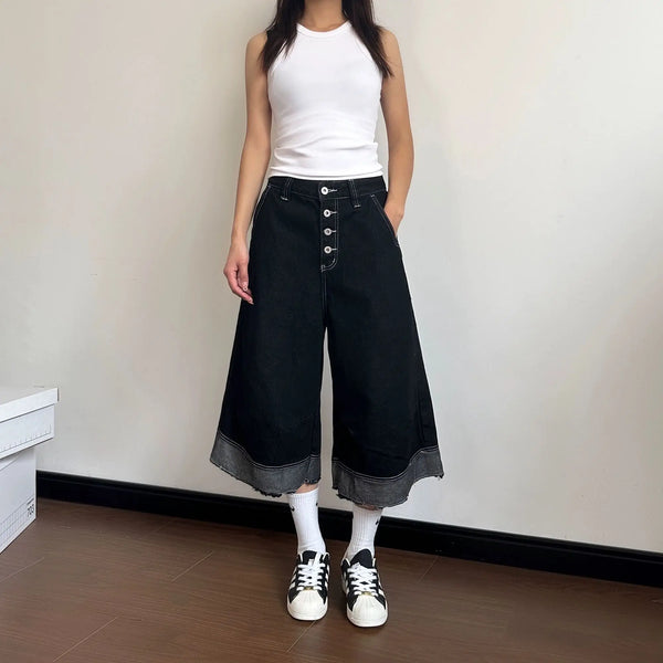 Women Timeless Wide Leg Raw Edged Denim Shorts