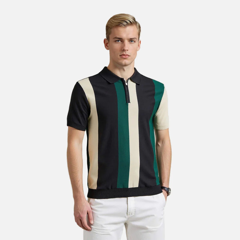 Revival Freedom-State Style Multi-Stripe Zip Sport-Collar T-Shirt