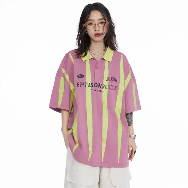 Women Nostalgia Line-Pattern Lapel with Stamped Collar-Knit T-Shirt alternatif görünüm