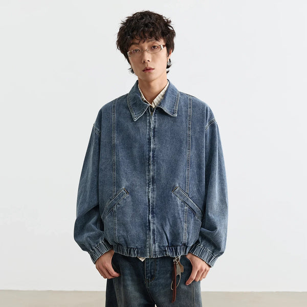 Western Zip Fold-Down Collar Denim Jacket alternatif görünüm