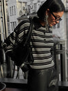 Block-Style Classic-Wash Horizontal-Lines Knitted Sport-Collar Collar T-Shirt