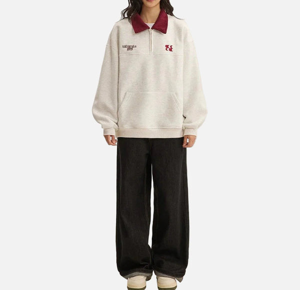 Plush Fold Collar Embroidered Sweatshirt alternatif görünüm