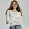 Neck Round Pleated Lace White T-Shirt