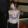 Time-Worn Tattoo Print Mesh Off-Shoulder T-Shirt