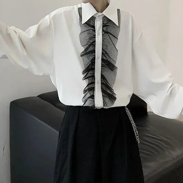 Noir Lace-Trim Loose Casual Shirt alternatif görünüm