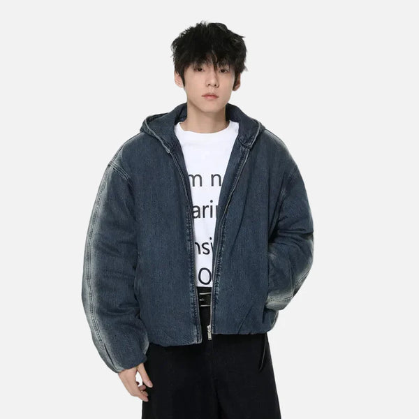 Bold Gradient Warm Hooded Denim Jacket alternatif görünüm