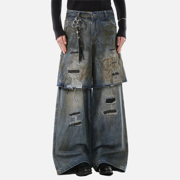 Durable Torn Fake Two Piece Bell Leg Denim