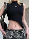Model wearing the black Y2K Starlight Shimmer Top