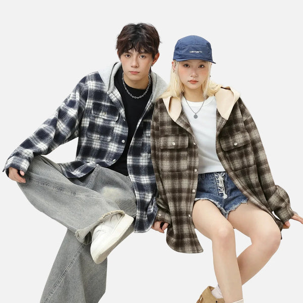 Flannel Hood Colorblock Plaid Oversized Top alternatif görünüm
