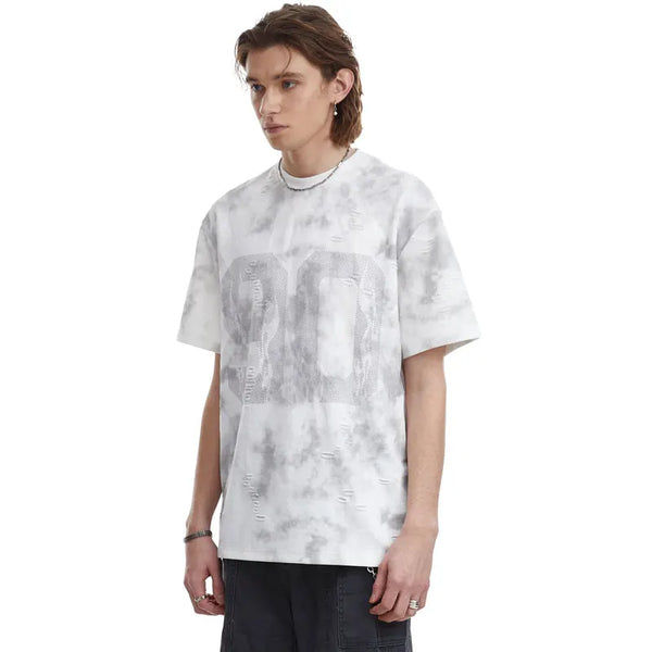 Time-Worn Visual Patterned Raw-Edge T-Shirt