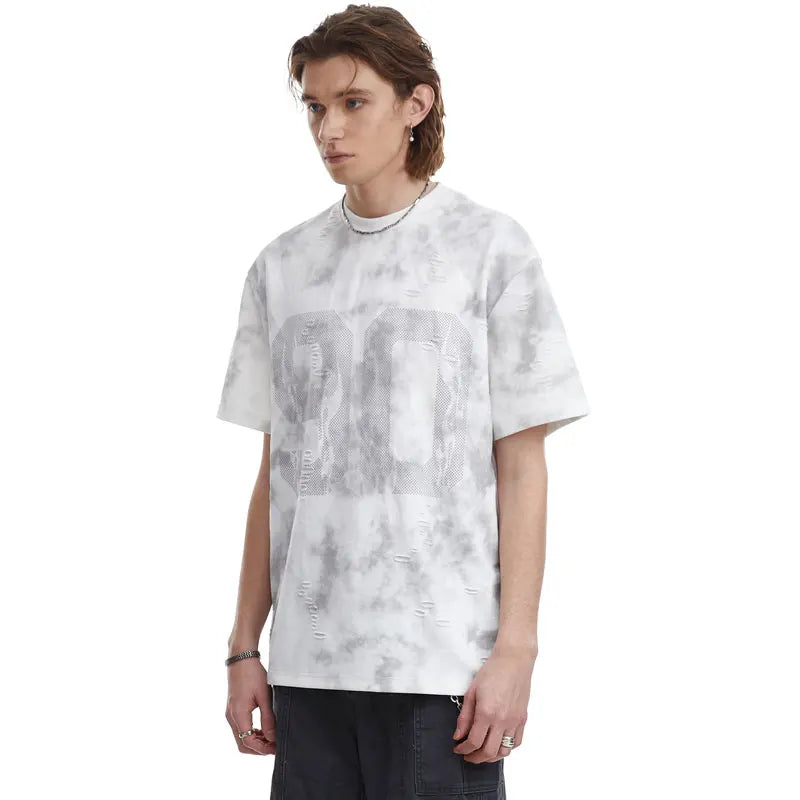 Time-Worn Visual Patterned Raw-Edge T-Shirt