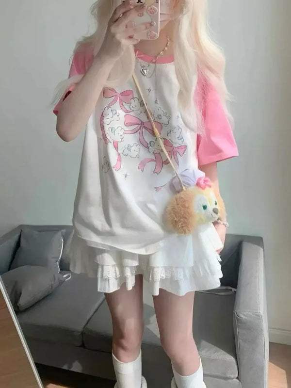 Sweet Pink Kawaii Designed Rabbit T-Shirt alternatif görünüm