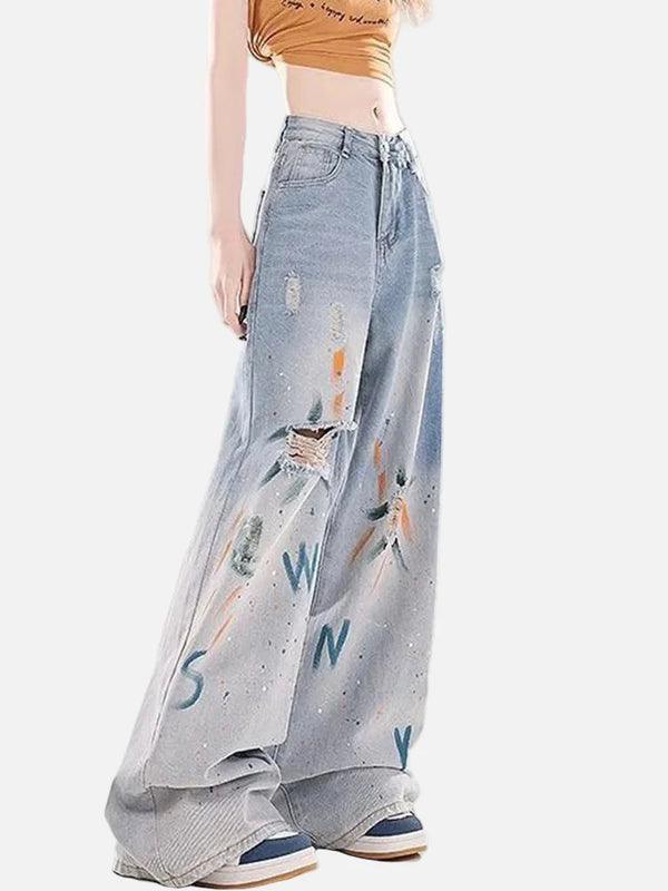 Metro Torn High-Rise Painted Bell Leg Denim alternatif görünüm