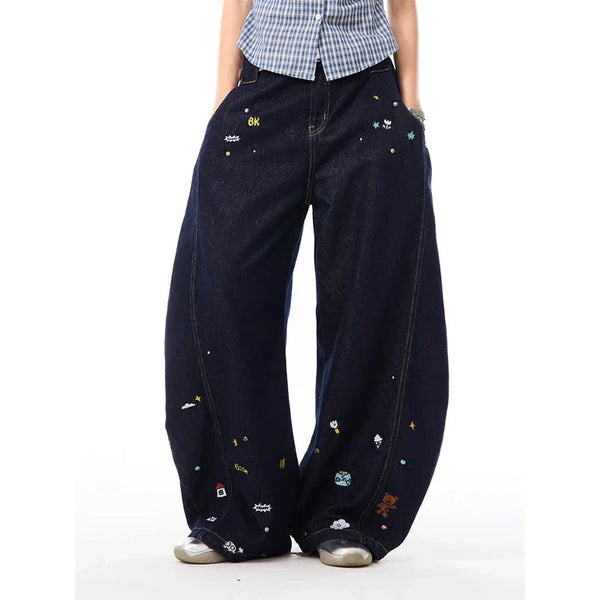 Comfortable Urban Beat Kpop Cartoon Print Bell Leg Denim