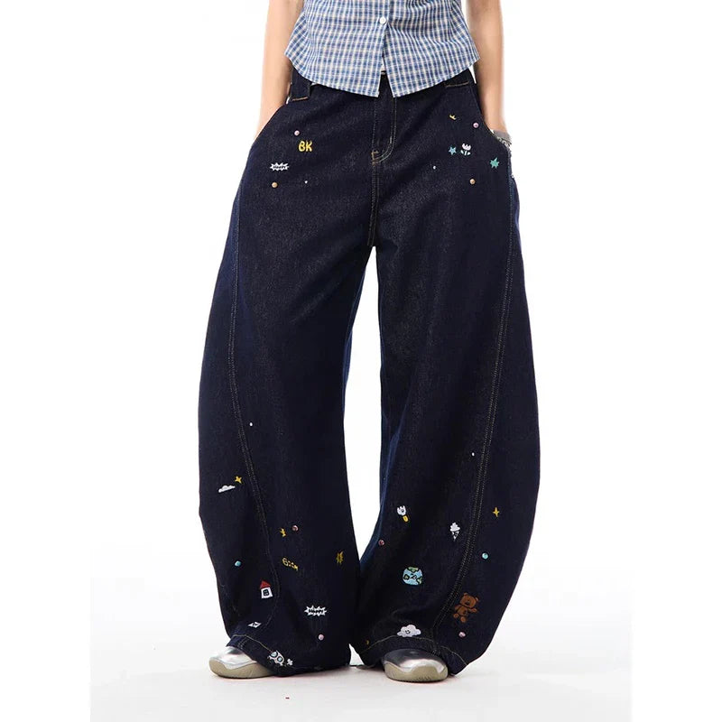 Comfortable Urban Beat Kpop Cartoon Print Bell Leg Denim