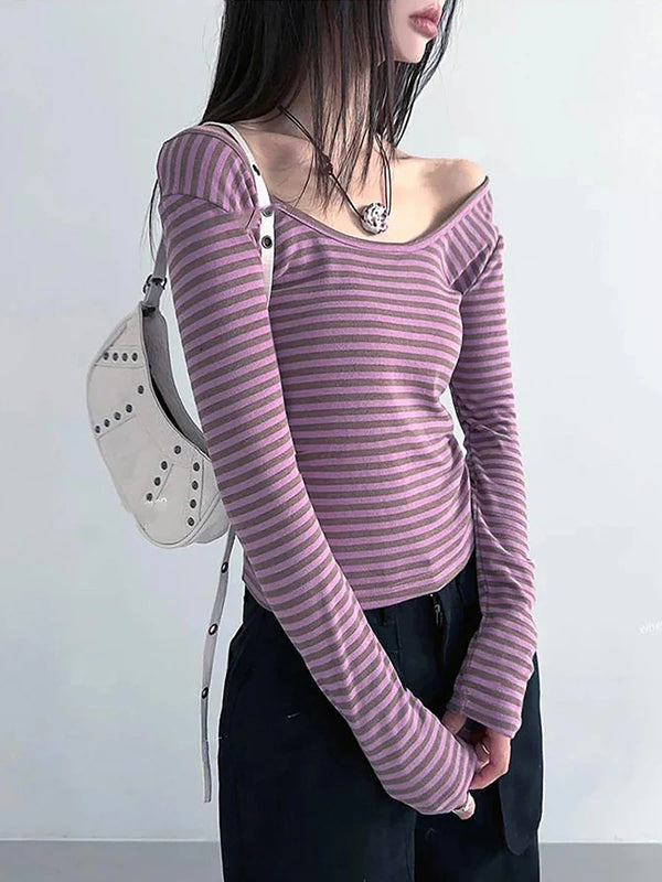 Bar-Print Long Sleeve U-Neck T-Shirt alternatif görünüm
