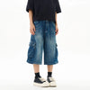 Yıkanmış Yırtık Detaylı Baggy Jean Şort, kombin görünüm — Navra Wear