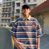Nihon-Style Style Color Blocked Multi-Stripe Lapel T-Shirt